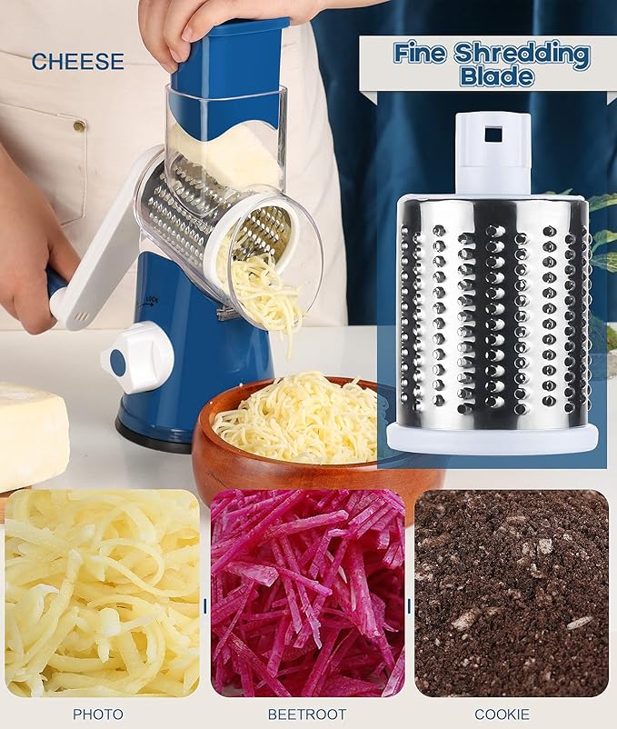 Ourokhome Rotary Cheese Grater Hand Crank, Kitchen Shredder Speed Mandolin Slicer Nut Grinder with Handle and Drum Blades for Cheese, Vegetable, Walnut, Chocolate, Potato, Carrot, 3 Blades, Dark Blue - Image 5