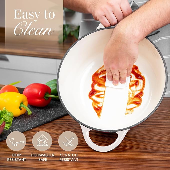 Nuovva Enamelled Cast Iron Dutch Oven Pot with Lid 6.4 Quart Non Stick Casserole Pot – Heavy Duty & Oven Safe up to 500° F for Bread Baking, Braising, Stews, Roasting – 28cm Oyster - Image 9