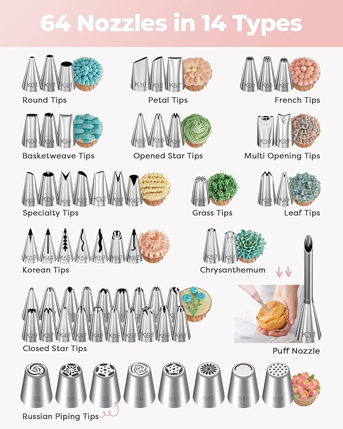 Kootek 158PCs Cake Decorating Kit, Baking Supplies Tools - Includes Cake Stand Turntable, 64 Icing Piping Tips Set, 2 Frosting Spatulas, 3 Scrapers, 50+2 Pastry Bags, Coupler, Video Tutorial, Booklet - Image 3