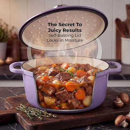 Zulay Kitchen 6 Quart Enameled Cast Iron Dutch Oven Pot with Lid – Premium Durability & Oven Safe up to 500°F – Heavy Duty Cookware Perfect for Bread Baking, Stews, Braising & Roasting - Lavender Jade - Image 4