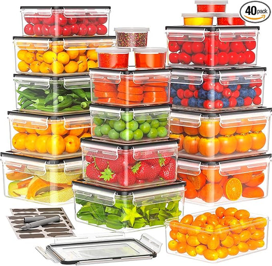 TOPCHASE 40 PCS Food Storage Containers with Lids Airtight (20 Containers & 20 Lids) - Plastic Food Containers for Kitchen Storage Reusable BPA-Free Leakproof Meal Prep Container with Labels & Pen by TOPCHASE