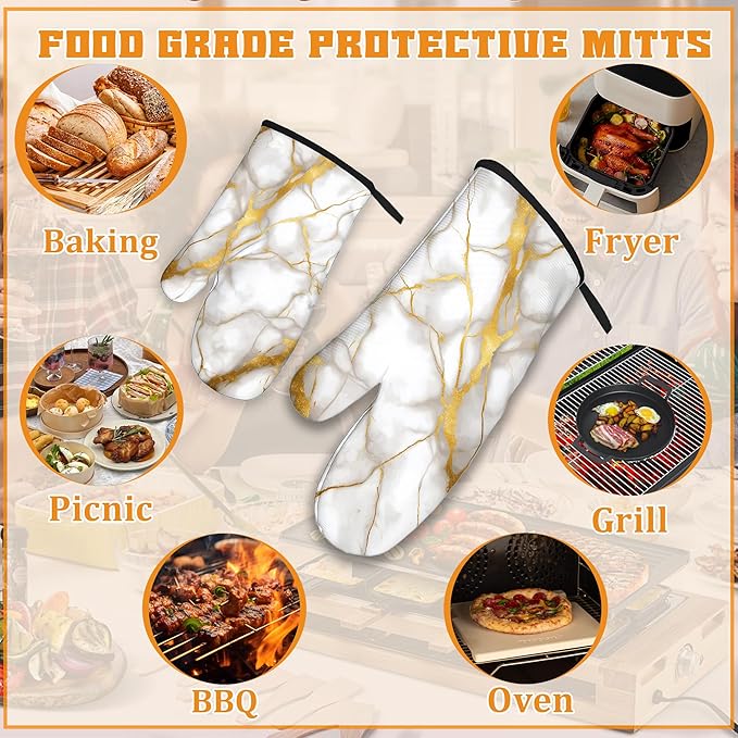 Marble Oven Mitts and Pot Holders Set,White Gold Flowing Marble Kitchen Oven Gloves and Pot Holder with Heat Resistant Non Slip for Cooking Baking Grilling(4 Piece Set)