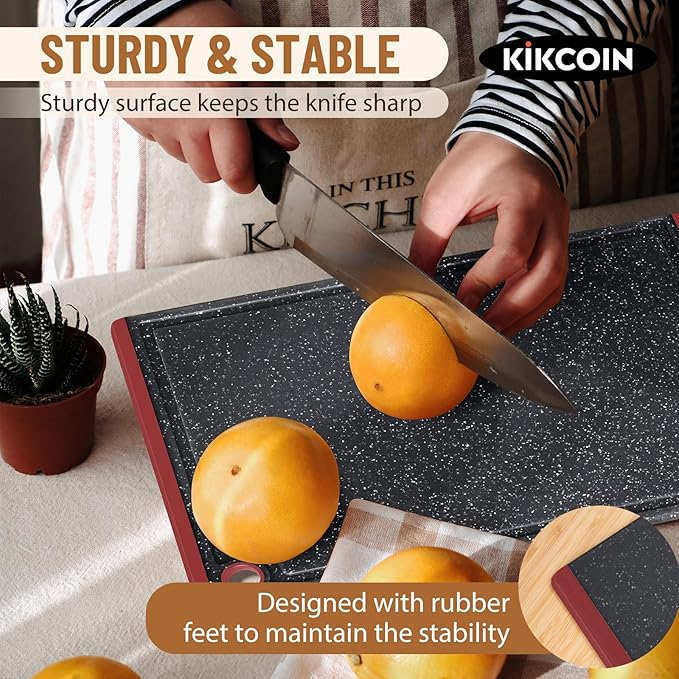 Kikcoin Plastic Cutting Boards for Kitchen, 3-Piece Large Cutting Board Set Dishwasher Safe Chopping Boards with Non-slip Feet and Juice Grooves, Red - Image 4