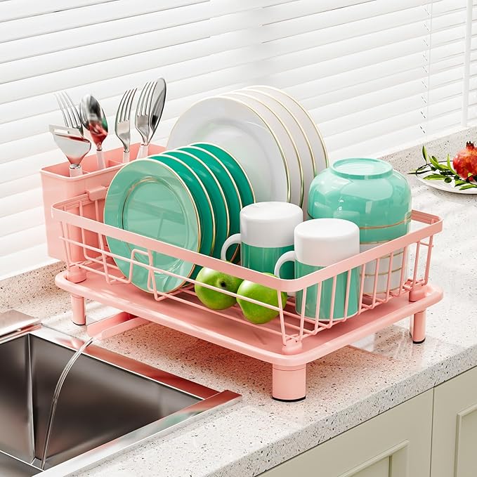 GAOKASE Dish Drying Rack, Stainless Steel-Dish Rack, Dish Racks for Kitchen Counter, Kitchen Dish Drainers with Removable Utensil Holder,New Drain Outlet,Plate Rack and Drainboard,(Pink-11 W x 15" L) by GAOKASE