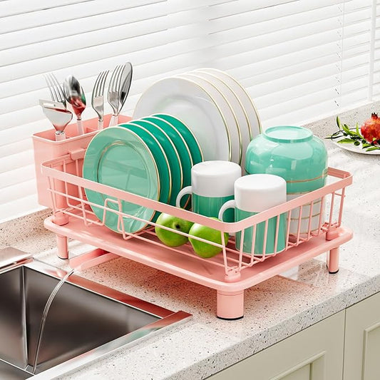 GAOKASE Dish Drying Rack, Stainless Steel-Dish Rack, Dish Racks for Kitchen Counter, Kitchen Dish Drainers with Removable Utensil Holder,New Drain Outlet,Plate Rack and Drainboard,(Pink-11 W x 15" L) by GAOKASE