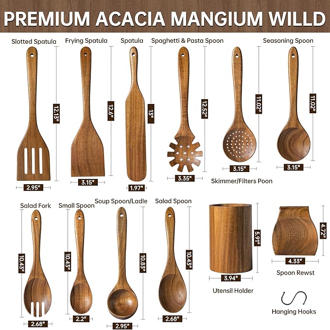 Wooden Utensil Set 12 PCS - Natural Non-Toxic Acacia Wooden Spoons for Cooking, Nonstick, Sturdy, Non-Scratch, Easy to Clean, Wood Kitchen Utensils Set with Holder, Spoon Rest & 6 Hooks - Image 8