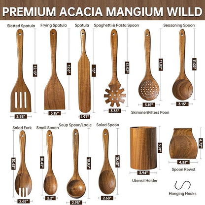 Wooden Utensil Set 12 PCS - Natural Non-Toxic Acacia Wooden Spoons for Cooking, Nonstick, Sturdy, Non-Scratch, Easy to Clean, Wood Kitchen Utensils Set with Holder, Spoon Rest & 6 Hooks - Image 8