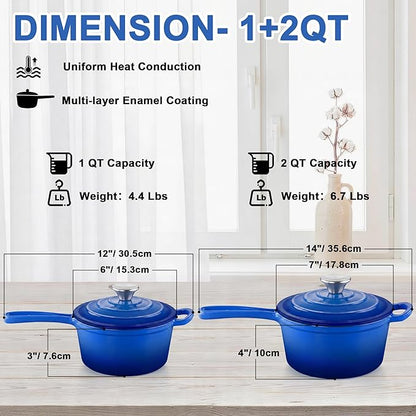 2 Pcs Enameled Sauce Pan with Lid, Leonyo 1 Qt & 2 Qt Cast Iron Saucepan Set, Small Dutch Oven Kitchen Pots for All Cooktops Cooking Pasta, Milk, Oatmeal - Up to 500°F, Dark Blue