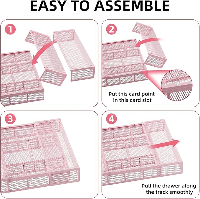 Marbrasse Expandable Desk Drawer Organizer, Mesh Tray with 10 Adjustable Compartments, Desk Organizers for Office Supplies, Makeup & Vanity (Expandable-Pink) - Image 7