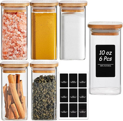 ComSaf 6Pcs 10 oz Large Spice Jars with Label Trial Set, Glass Spice Jars with Bamboo Lids Supplementary Set, Seasoning Container Trial Pack, Perfect for Ktichen Starter by ComSaf