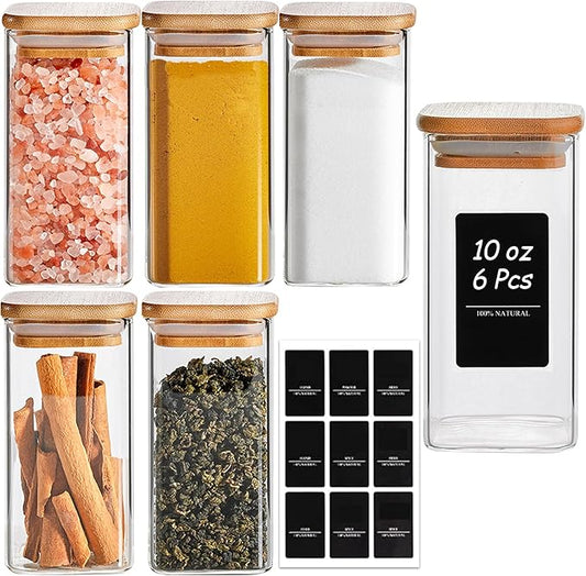 ComSaf 6Pcs 10 oz Large Spice Jars with Label Trial Set, Glass Spice Jars with Bamboo Lids Supplementary Set, Seasoning Container Trial Pack, Perfect for Ktichen Starter by ComSaf
