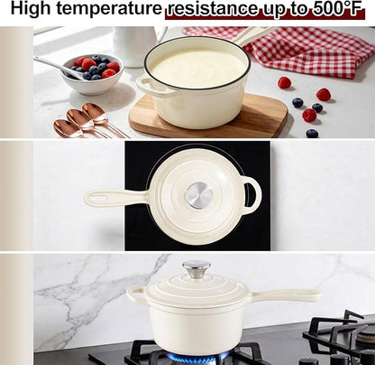 1Qt Enameled Cast Iron Sauce Pan, Leonyo Dutch Oven Pot with Lid, Non Stick Cooking Simmer Pots Induction Kitchen Cookware for All Cooktops Baking Bread, Soup, Ramen - Up to 500°F, Cream White