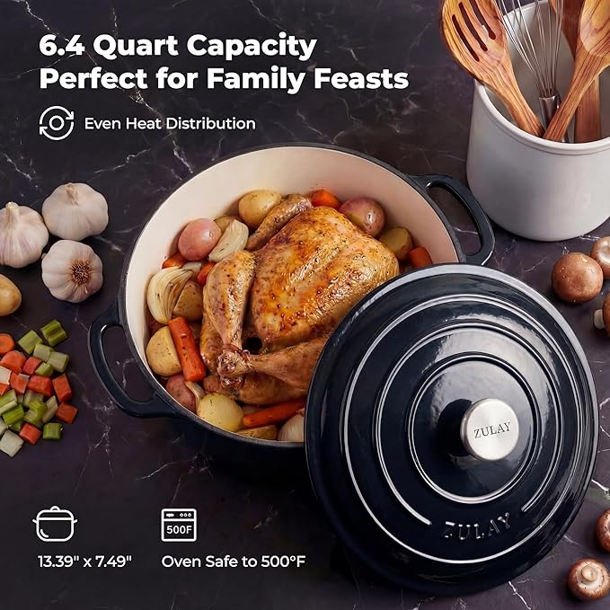 Zulay Kitchen 6.4 Quart Enameled Cast Iron Dutch Oven Pot with Lid – Premium Durability & Oven Safe up to 500°F – Heavy Duty Cookware Perfect for Bread Baking, Stews, Braising & Roasting - Black - Image 6