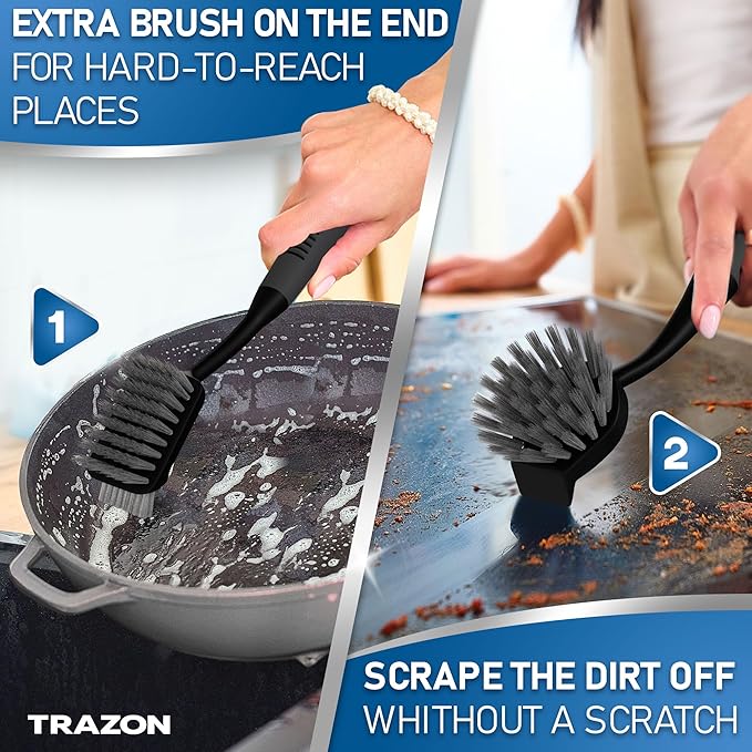 Dish Brush Set of 5 with Holder - Kitchen Scrub Brushes with Non-Slip Long Handle for Cleaning, Scrubber, Dishwashing, Dishes, Bottles, Straws, Cups, Pots & Sink, Black - Image 3