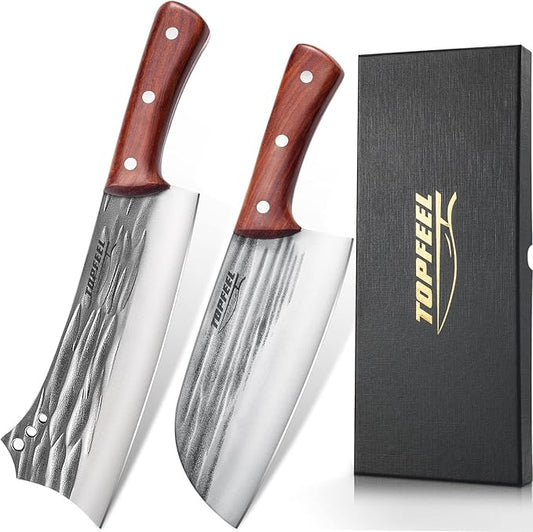 Topfeel 2PCS Meat Cleaver & Heavy Duty Bone Chopper Knife Set, Hand Forged German High Carbon Stainless Steel Butcher Knife for Home Kitchen & Outdoor