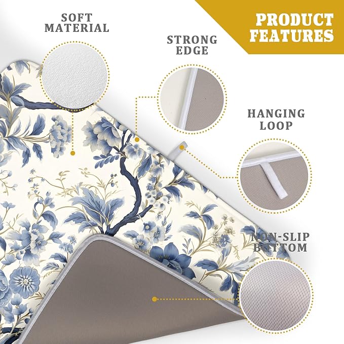 Chinoiserie Trees Dish Drying Mat for Kitchen Counter,Bule Birds Flowers Drying Mat 18 x 24 Inch with Absorbent Reversible Microfiber Drying Pad for Coffee Bar - Image 4