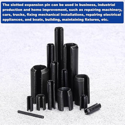 MECCANIXITY 60Pcs Slotted Split Roll Pins 6/25 Inch(6mm) Dia. 4/5 Inch(20mm) Length 65Mn Steel Spring Tension Expansion Dowels for Secure Fastening, Black