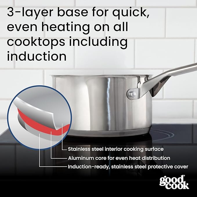 GoodCook Stainless Steel Sauce Pan with Strainer Lid Oven-Safe to 500F & Induction-Safe Compatible with All Stovetops 3-Layer Construction for Even Heating PTFE & PFOA Free, 2.5-Quarts, Silver