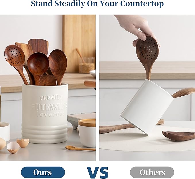 LOVECASA Vintage Utensil Holder for Kitchen Countertop, 7.2” Large Ceramic Utensil Crock for Home Décor, Farmhouse Utensil Vase for Housewarming, Wedding, Birthday Gift - Cream White - Image 5