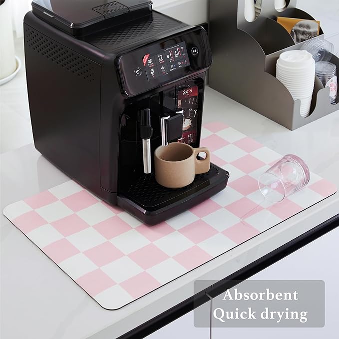 Ohocut Checkered Dish Drying Mat for Kitchen Counter, Coffee Bar Station Accessories, Retro Cute Aesthetic Girly Women Modern Absorbent Drainer Mat Kitchen Drying Mat Easy Clean, Pink 12" x 19" - Image 4