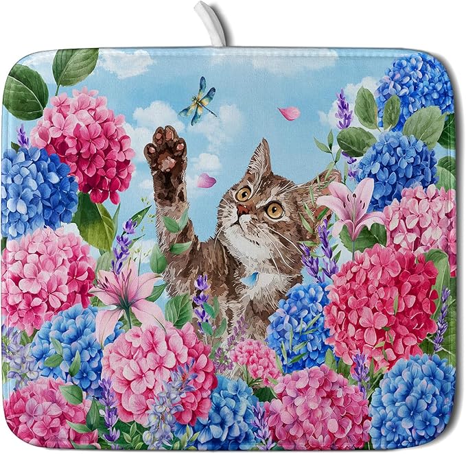 Hydrangea Floral Dish Drying Mat Cute Cat Microfiber Absorbent Dish Drying Pad for Kitchen Counter 16 X 18 by Giwawa