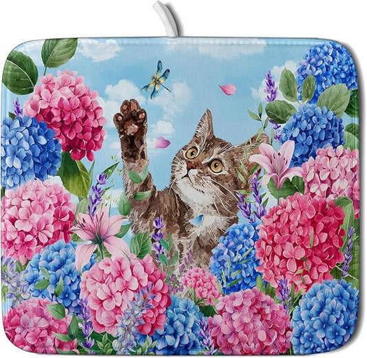 Hydrangea Floral Dish Drying Mat Cute Cat Microfiber Absorbent Dish Drying Pad for Kitchen Counter 16 X 18 by Giwawa