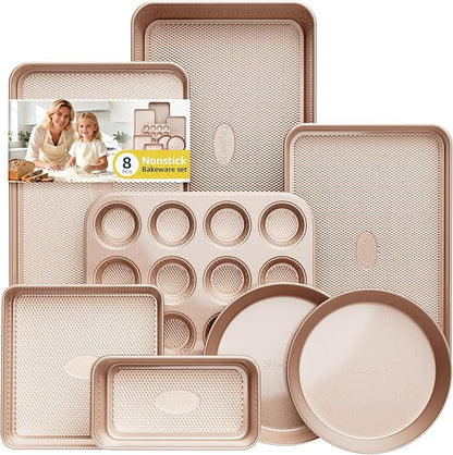 Baking Pans Set 8-Piece Bakeware Sets, Baking Sets for Cooking Nonstick Oven Pan Set, Baking Sheet Set, Cookie Sheets for Baking, Muffin Pan, Cookie Sheets (Ceramic Coated Gold) by SlowSLog