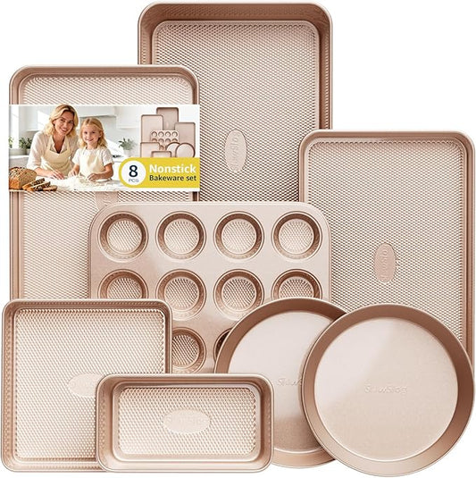 Baking Pans Set 8-Piece Bakeware Sets, Baking Sets for Cooking Nonstick Oven Pan Set, Baking Sheet Set, Cookie Sheets for Baking, Muffin Pan, Cookie Sheets (Ceramic Coated Gold) by SlowSLog