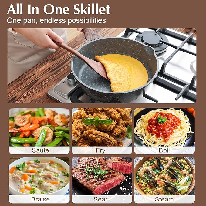 SENSARTE Nonstick Skillet, Deep Frying Pan 10/11/12-inch, Saute Pan with Lid, Stay-cool Handle, Healthy Stone Cookware Cooking Pan, Induction Compatible (10-Inch/3.5QT) - Image 7