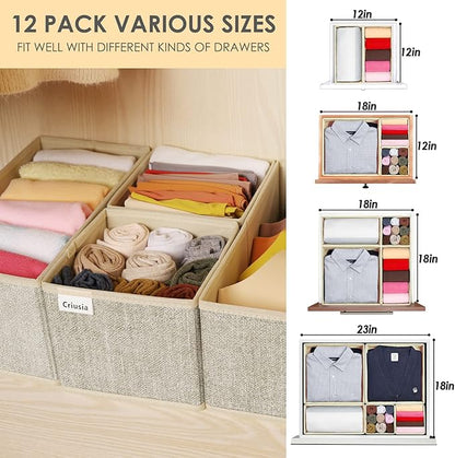 12 Pack Drawer Organizers for Clothing, Foldable Clothes Storage Box Closet Dresser Drawer Organizers Dividers, Bedroom Organization Fabric Bins for Baby Clothes Underwear Sock Bra Ties (Beige) - Image 3