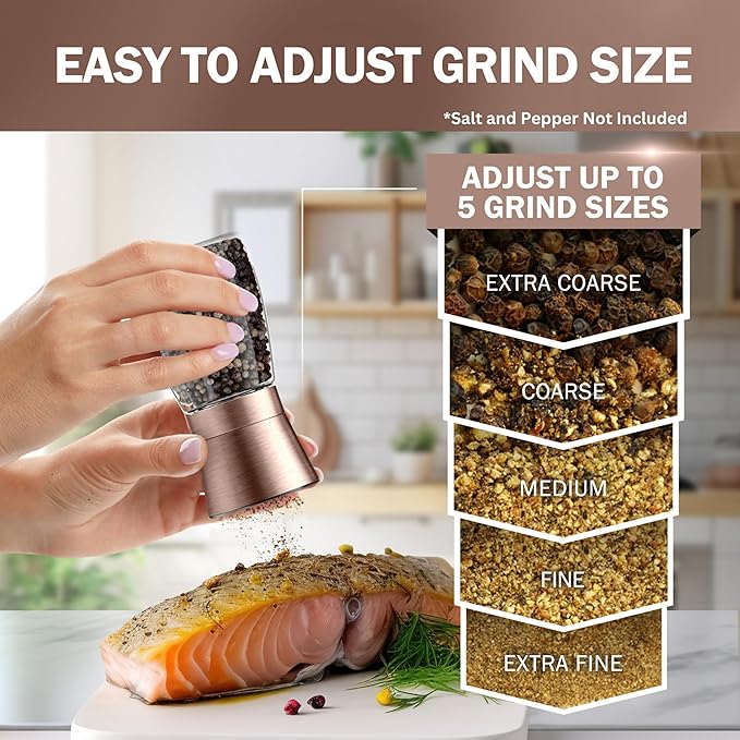 Home EC Original Copper Salt and Pepper Grinder Set of 2 - Adjustable Ceramic Grinder - Glass Salt and Pepper Shakers With Funnel and Ebook - Kitchen Spice Mill - Copper Kitchen Accessories - Image 2