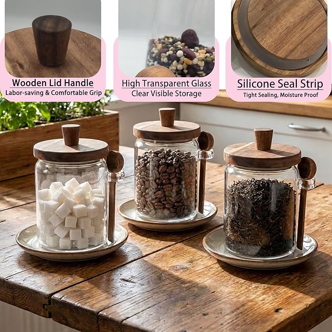 Set of 3 Glass Jars Containers with Wooden Lids and Scoop Clear Canister Jars Set with Spoon for Kitchen Food Storage Coffee Tea Sugar Decorative Countertop Organization Jars 31 oz (3) - Image 5