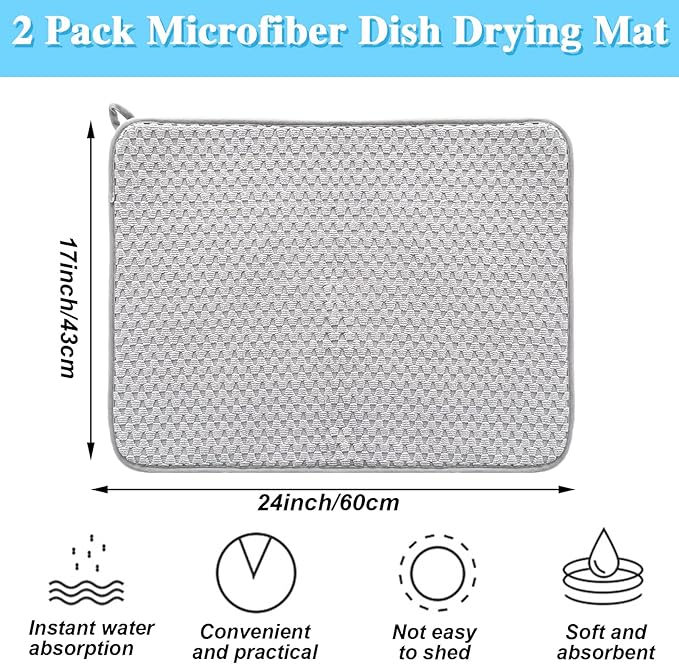2 Pack Microfiber Dish Drying Mat,24*17 inch Absorbent Dish Drainer Kitchen Counter,Large Size Dish Drying Pad for Countertops,Sinks,Draining Racks(Gray) - Image 2