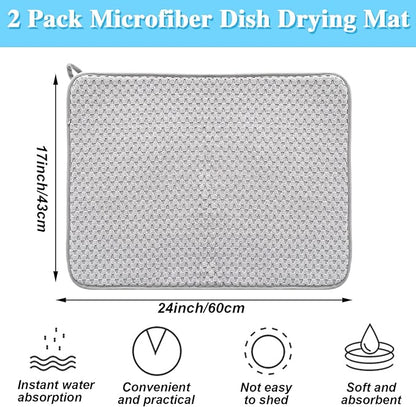 2 Pack Microfiber Dish Drying Mat,24*17 inch Absorbent Dish Drainer Kitchen Counter,Large Size Dish Drying Pad for Countertops,Sinks,Draining Racks(Gray) - Image 2
