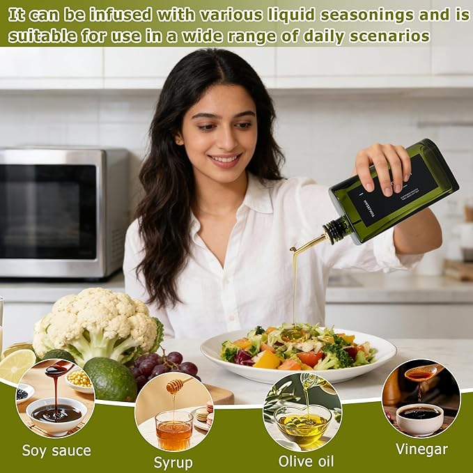 R DRURLCD Dark Green Glass Olive Oil Dispenser Set of 2, 16.9oz/500ml Curved UV-Blocking Oil and Vinegar, Soy Sauce, Coffee Syrup Bottles, 4 Gold Silver Stainless Steel Pourers for Kitchen