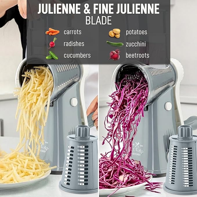 Zulay Kitchen Rotary Cheese Grater 5 Blade Cheese Shredder - Manual Hand Crank Cheese Grater With Reinforced Suction & 5 Interchangeable Drums - Easy to Use, Vegetable Chopper Round Mandoline Slicer - Image 6