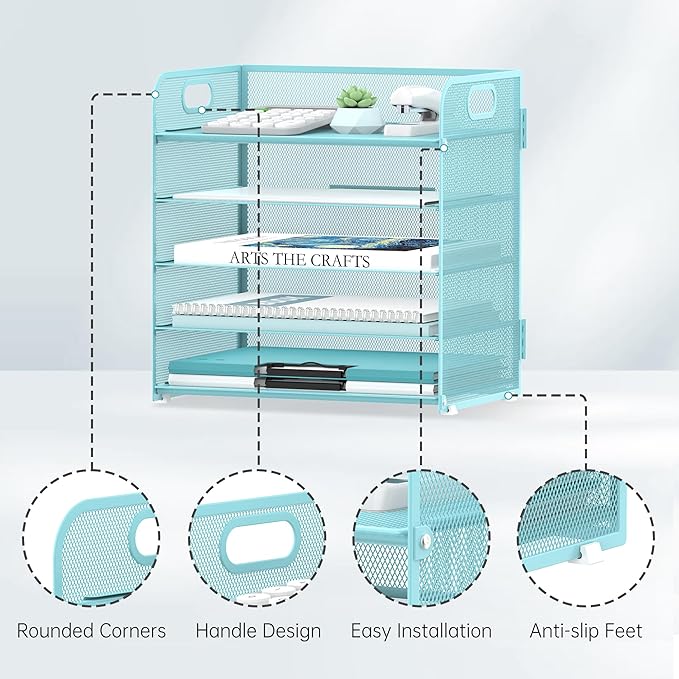 Supeasy 5 Trays Paper Organizer Letter Tray with Handle-Mesh Desk File Organizer, Paper Sorter Desk Organizer for Office, Home or School (Light Blue) - Image 3