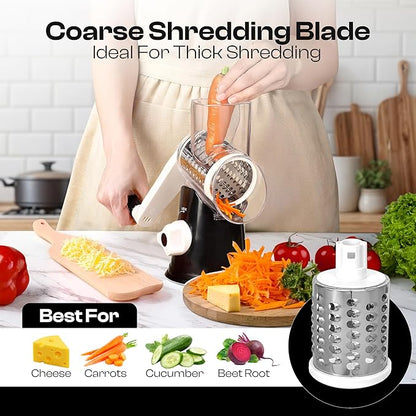 Rotary Cheese Grater Hand Crank - Cheese Shredder Hand Crank with Handle, Vegetable Shredder with 3 Stainless Steel Blades & Strong Suction Base – Round Slicer & Food Chopper for Kitchen - Image 2