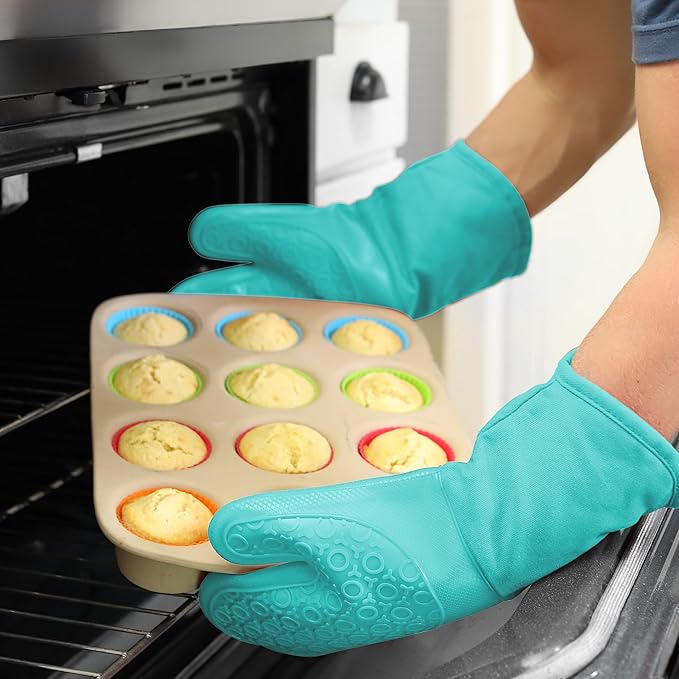 BPA-Free Soft Silicone Oven Mitts - Ultra Heat Resistant Oven Mitts with Thick Cotton Liner - Long Slip Resistant Pot Holders, Flexible Oven Gloves - Turquoise 13.7" - Image 8