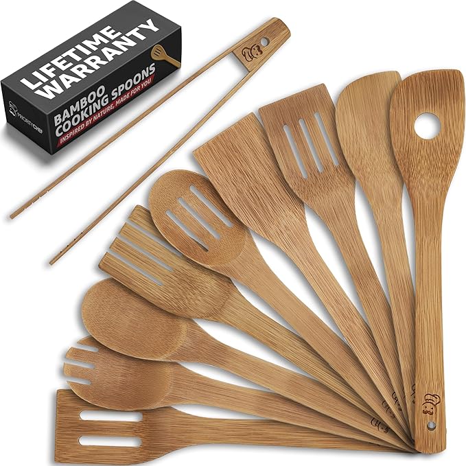 PriorityChef Wooden Spoons for Cooking, 9Pc with Tongs, Non Scratch Bamboo Cooking Utensils, Non-Toxic Wooden Utensil Set, Easy to Clean Kitchen Utensils Set for Everyday Use on All Cookware Types by PriorityChef