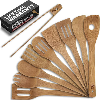 PriorityChef Wooden Spoons for Cooking, 9Pc with Tongs, Non Scratch Bamboo Cooking Utensils, Non-Toxic Wooden Utensil Set, Easy to Clean Kitchen Utensils Set for Everyday Use on All Cookware Types by PriorityChef
