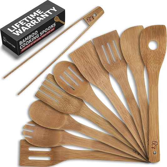 PriorityChef Wooden Spoons for Cooking, 9Pc with Tongs, Non Scratch Bamboo Cooking Utensils, Non-Toxic Wooden Utensil Set, Easy to Clean Kitchen Utensils Set for Everyday Use on All Cookware Types by PriorityChef