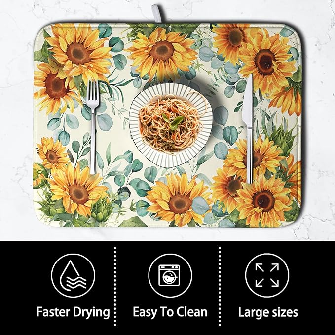 Sunflowers Dish Drying Mat for Kitchen Counter Yellow Flower Green Leaves Dish Draining Mats Spring Summer Floral Dishes Pad Microfiber Absorbent Dish Drainer Rack Mat Extra Large 18x24 Inch - Image 4