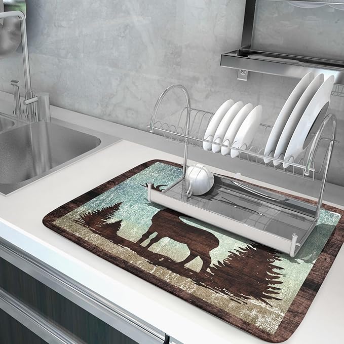 Giwawa Retro Deer Forest Cabin Silhouette Dish Drying Mat Countertop 18x24 Fall Blue Sky Cloud Cartoon Elk Wild Animal Bushes Drainer Mat Pine Tree Grass Dishes Pad Rustic Moose Dish Drainer Rack