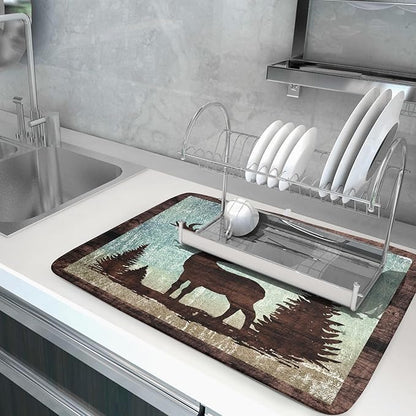 Giwawa Retro Deer Forest Cabin Silhouette Dish Drying Mat Countertop 18x24 Fall Blue Sky Cloud Cartoon Elk Wild Animal Bushes Drainer Mat Pine Tree Grass Dishes Pad Rustic Moose Dish Drainer Rack