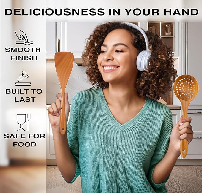 9-Piece Teak Wooden Utensil Set – Wooden Spoons for Cooking with Spoon Rest, Wooden Spatula, and Non Toxic Cooking Utensils – Premium Kitchen Utensils Set for Daily Use - Image 6