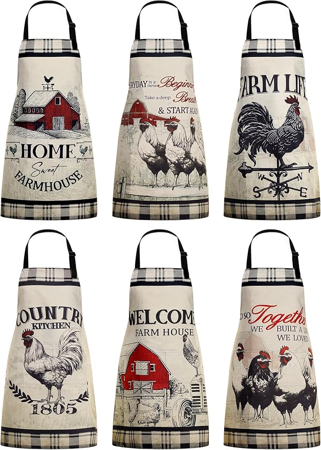 Bencailor 6 Pcs Spring Kitchen Aprons with Pockets Flower Rooster Bee Butterfly Sunflower Summer Aprons Bulk for Women(Beige,Black and Red Farm Rooster) by Bencailor