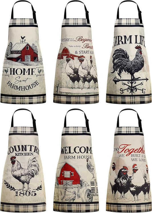 Bencailor 6 Pcs Spring Kitchen Aprons with Pockets Flower Rooster Bee Butterfly Sunflower Summer Aprons Bulk for Women(Beige,Black and Red Farm Rooster) by Bencailor