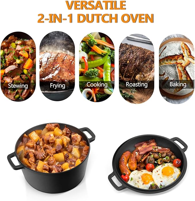 P&P CHEF 5Qt Dutch Oven Pot for Bread Baking (Black), 2 In 1 Round Cast Iron Dutch Oven with Lid Set, Skillet & Pot for Roasting Braising Stewing Frying Simmering, Multi Stoves & Oven Safe - Image 6