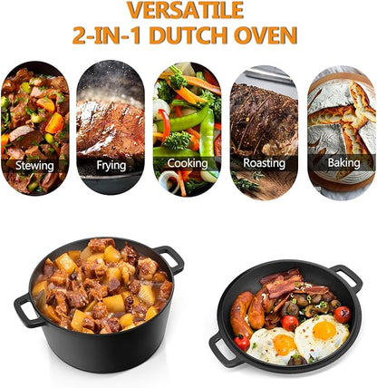 P&P CHEF 5Qt Dutch Oven Pot for Bread Baking (Black), 2 In 1 Round Cast Iron Dutch Oven with Lid Set, Skillet & Pot for Roasting Braising Stewing Frying Simmering, Multi Stoves & Oven Safe - Image 6
